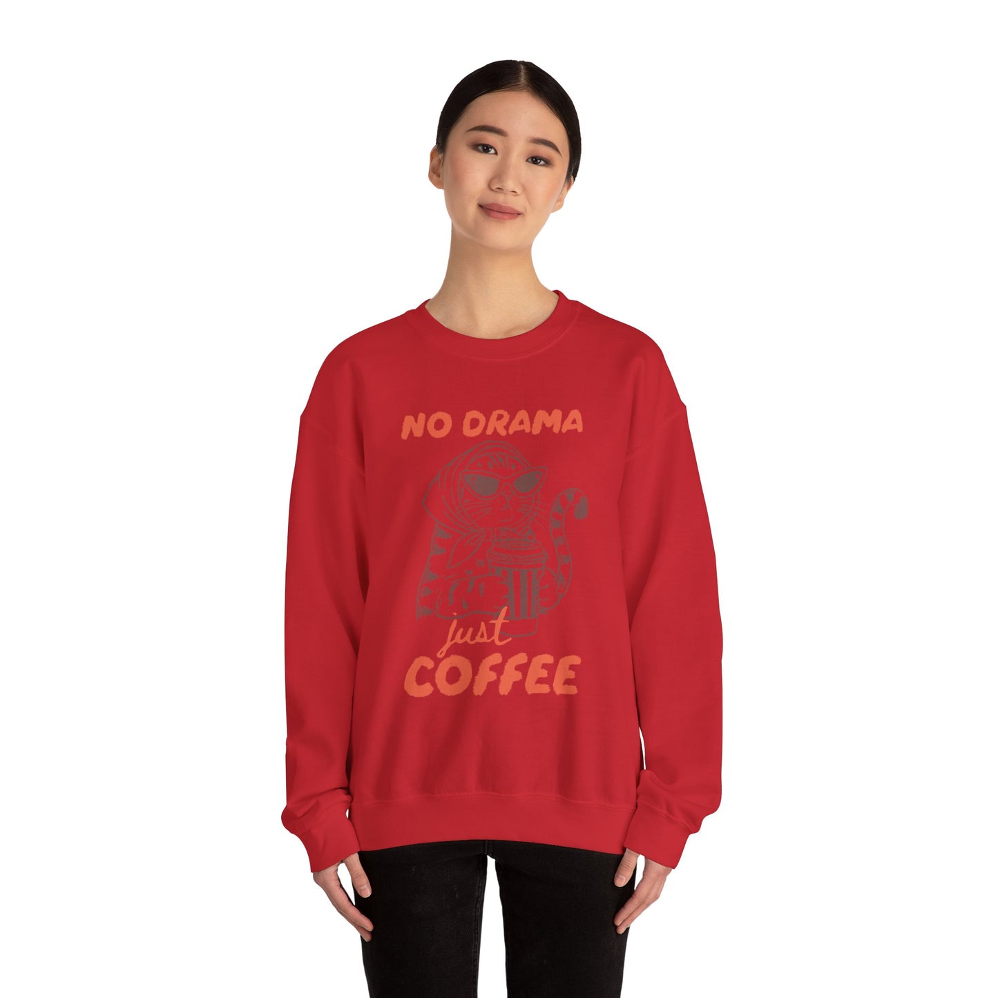 No Drama Just Coffee Sweatshirt — Cat Holding Coffee Vintage Graphic Crewneck