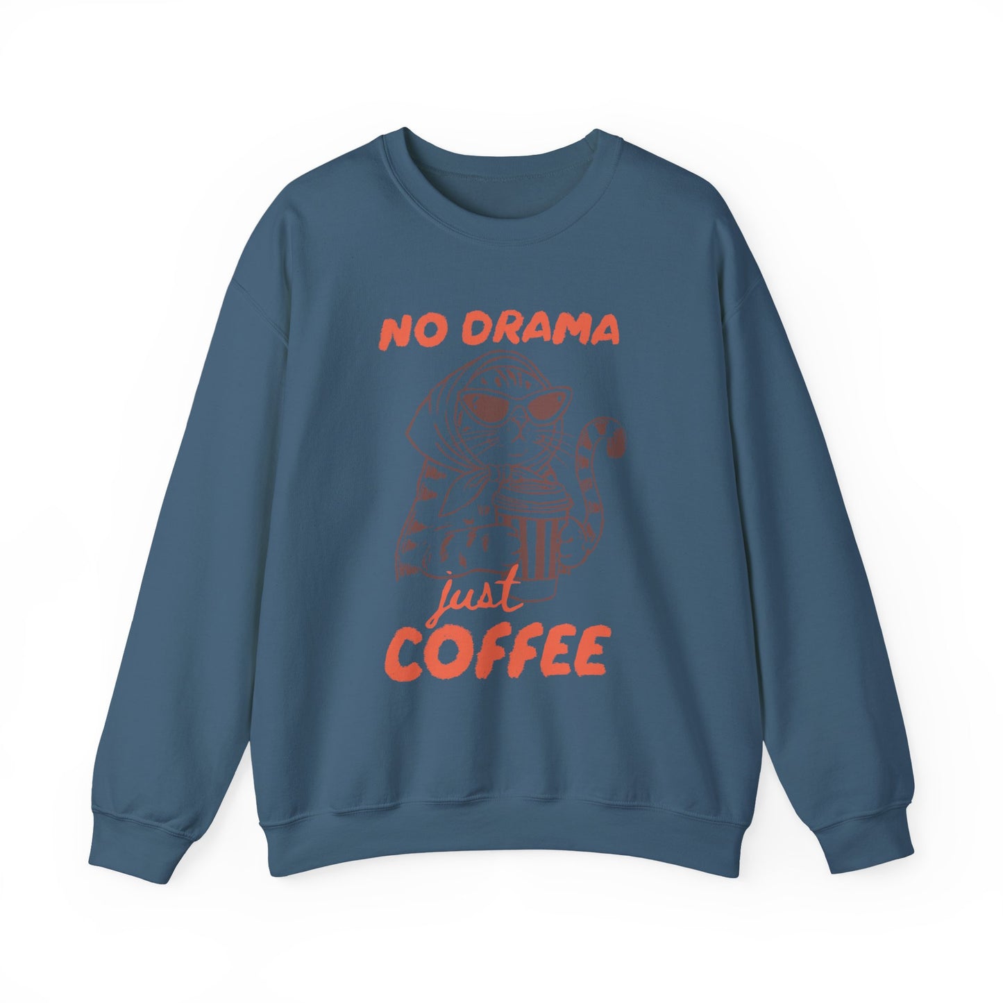 No Drama Just Coffee Sweatshirt — Cat Holding Coffee Vintage Graphic Crewneck