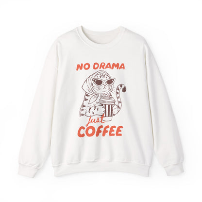 No Drama Just Coffee Sweatshirt — Cat Holding Coffee Vintage Graphic Crewneck