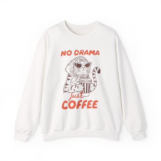 No Drama Just Coffee Sweatshirt — Cat Holding Coffee Vintage Graphic Crewneck