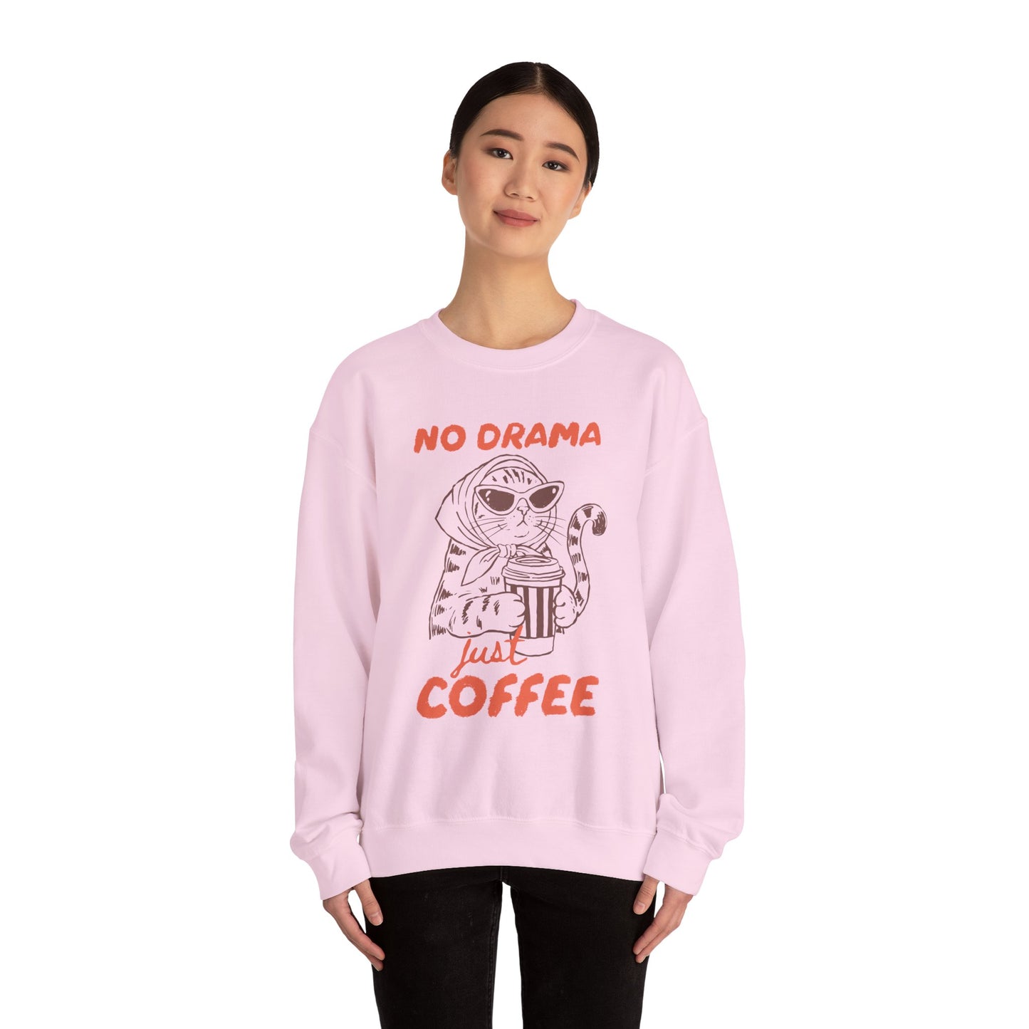 No Drama Just Coffee Sweatshirt — Cat Holding Coffee Vintage Graphic Crewneck