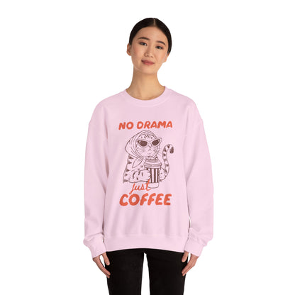 No Drama Just Coffee Sweatshirt — Cat Holding Coffee Vintage Graphic Crewneck