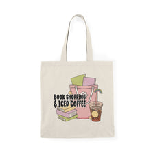 Load image into Gallery viewer, Book Shopping &amp; Iced Coffee Tote Bag — Cute Book Lover Canvas Tote
