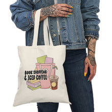Load image into Gallery viewer, Book Shopping &amp; Iced Coffee Tote Bag — Cute Book Lover Canvas Tote
