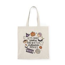 Load image into Gallery viewer, Halloween Movie Night Tote Bag – "Let’s Bake Cookies and Watch Halloween Movies" Cotton Grocery Beach Bag
