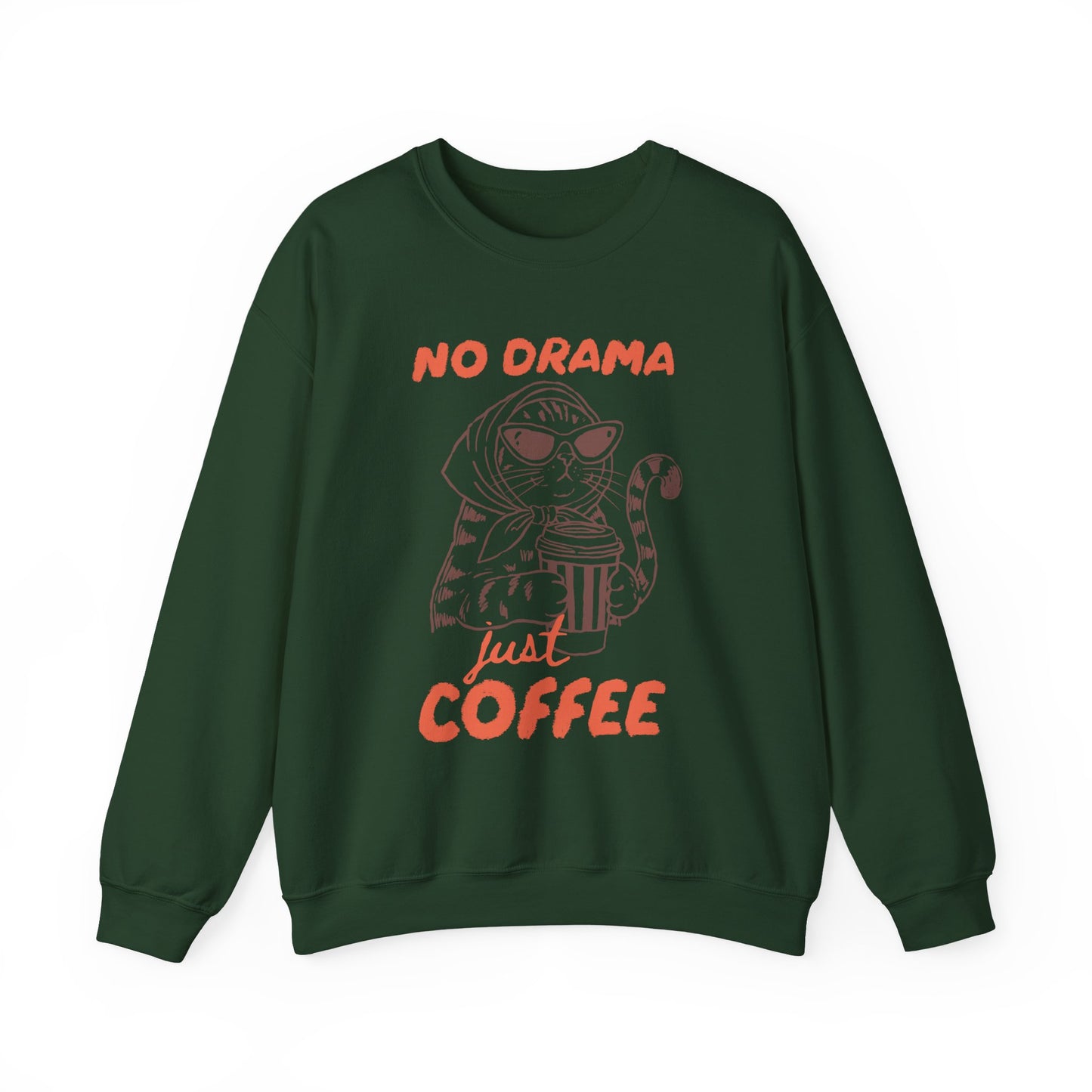 No Drama Just Coffee Sweatshirt — Cat Holding Coffee Vintage Graphic Crewneck