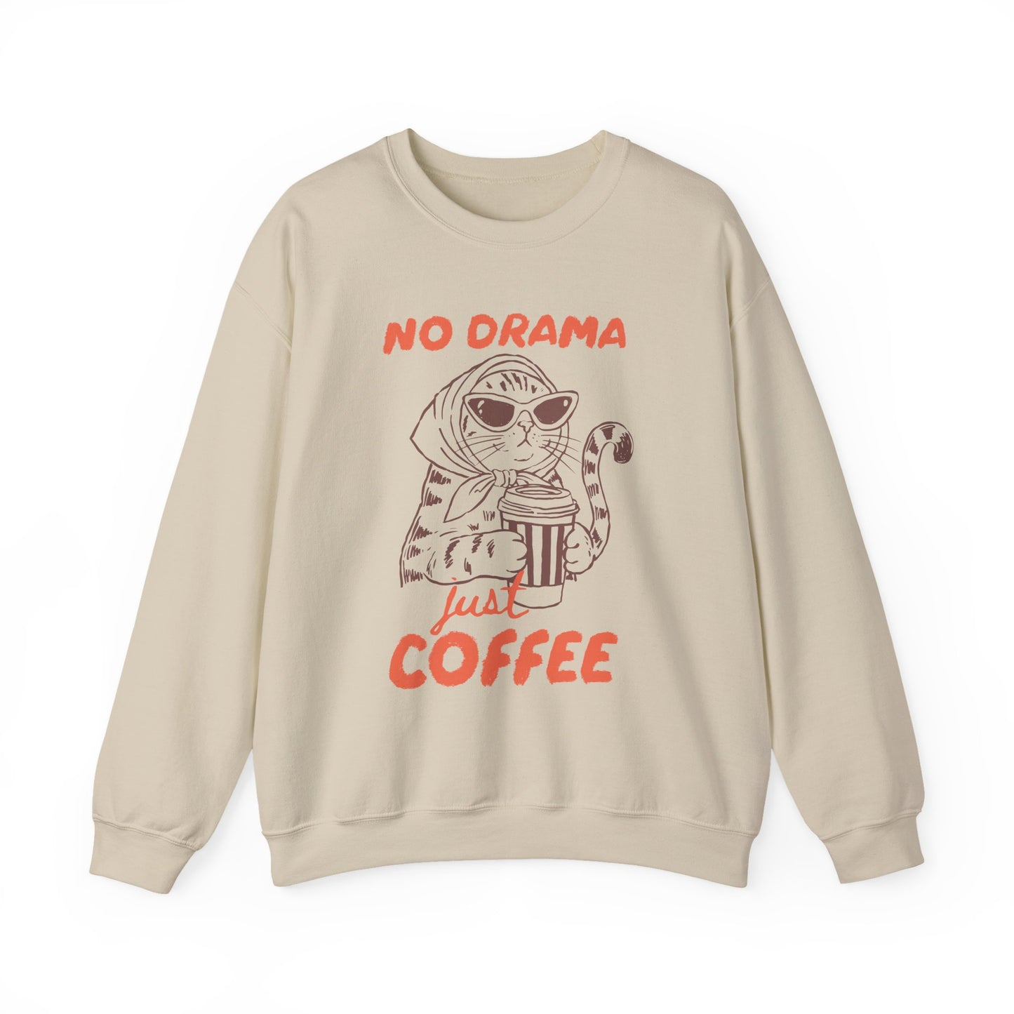 No Drama Just Coffee Sweatshirt — Cat Holding Coffee Vintage Graphic Crewneck