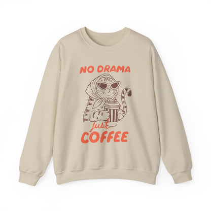 No Drama Just Coffee Sweatshirt — Cat Holding Coffee Vintage Graphic Crewneck