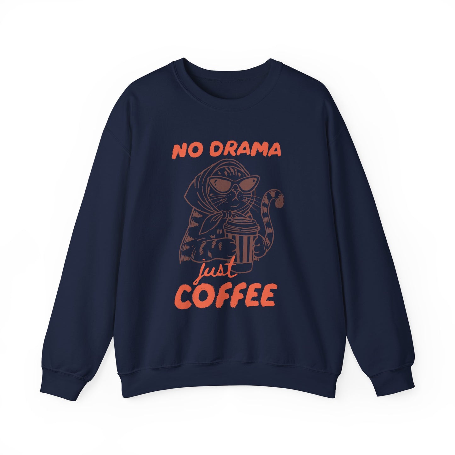 No Drama Just Coffee Sweatshirt — Cat Holding Coffee Vintage Graphic Crewneck