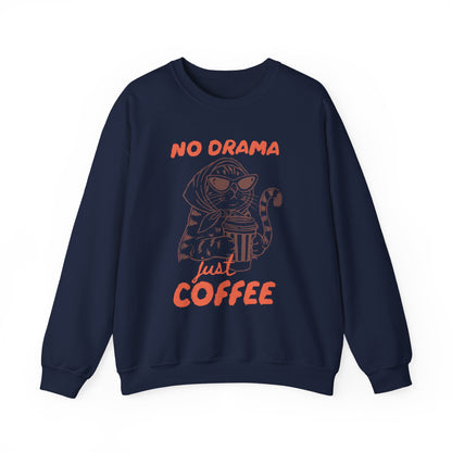 No Drama Just Coffee Sweatshirt — Cat Holding Coffee Vintage Graphic Crewneck