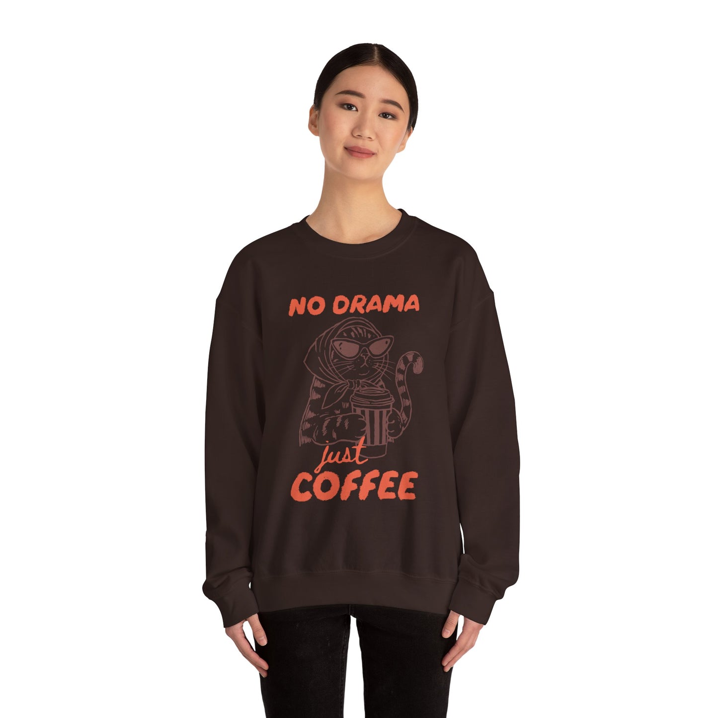 No Drama Just Coffee Sweatshirt — Cat Holding Coffee Vintage Graphic Crewneck