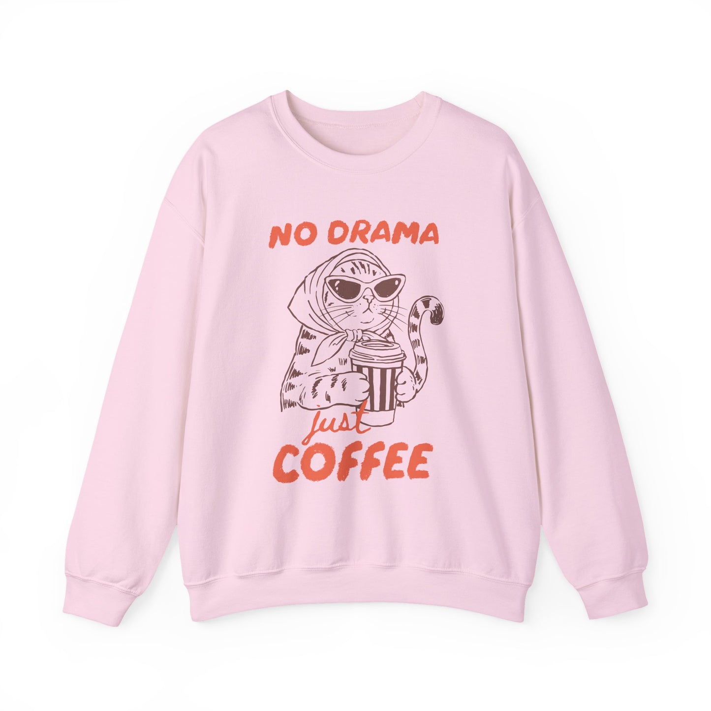 No Drama Just Coffee Sweatshirt — Cat Holding Coffee Vintage Graphic Crewneck