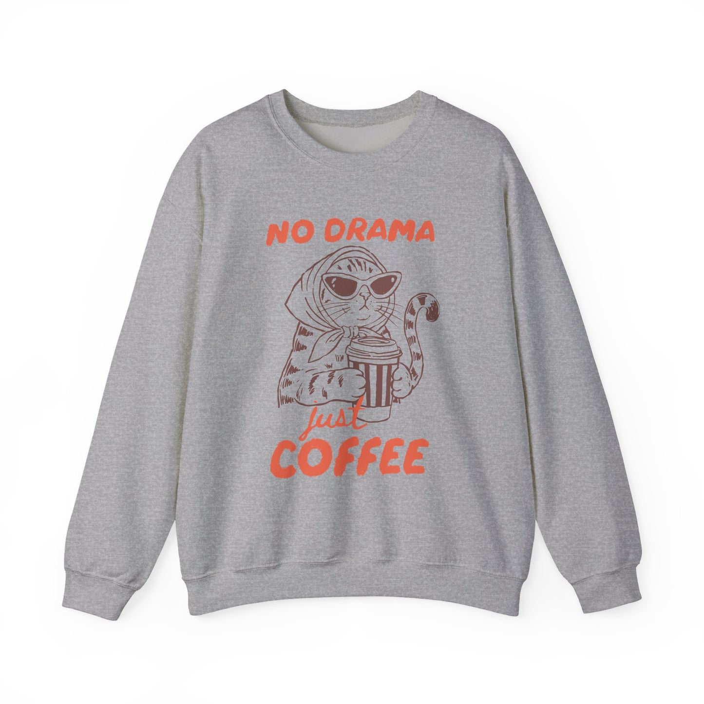 No Drama Just Coffee Sweatshirt — Cat Holding Coffee Vintage Graphic Crewneck