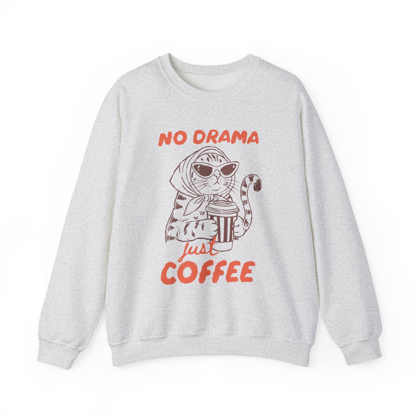 No Drama Just Coffee Sweatshirt — Cat Holding Coffee Vintage Graphic Crewneck
