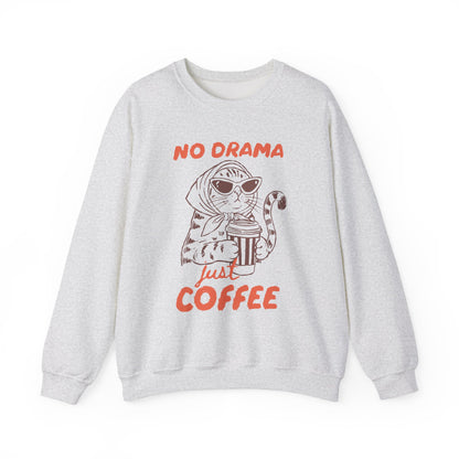 No Drama Just Coffee Sweatshirt — Cat Holding Coffee Vintage Graphic Crewneck