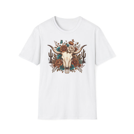 Desert Skull Floral T-Shirt — Western Longhorn Cow Skull with Roses Graphic