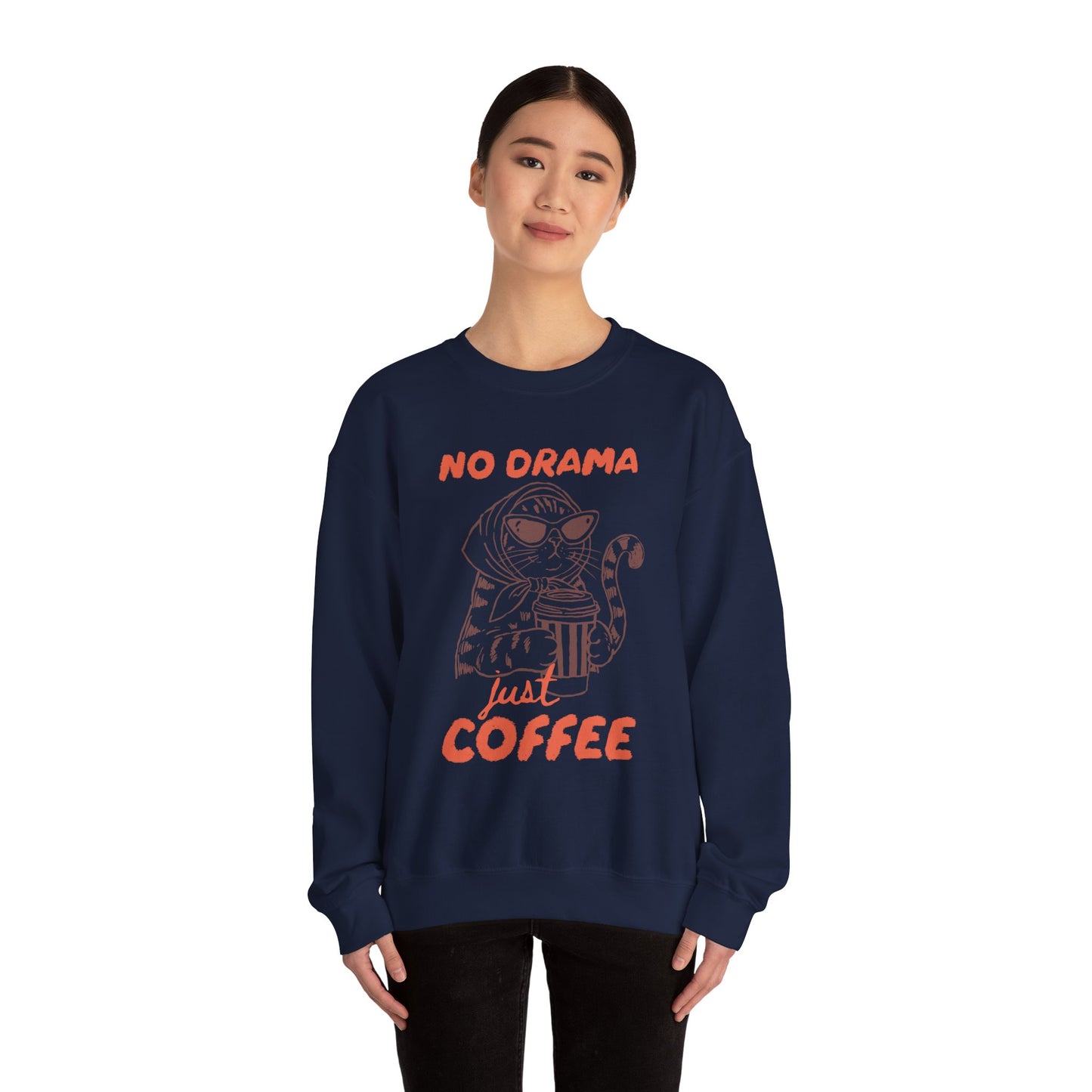 No Drama Just Coffee Sweatshirt — Cat Holding Coffee Vintage Graphic Crewneck