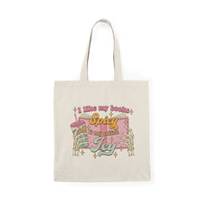 Load image into Gallery viewer, Book Lover Tote — "I Like My Books Spicy &amp; My Coffee Icy" Cute Literary Canvas Bag
