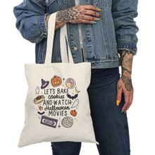 Load image into Gallery viewer, Halloween Movie Night Tote Bag – "Let’s Bake Cookies and Watch Halloween Movies" Cotton Grocery Beach Bag
