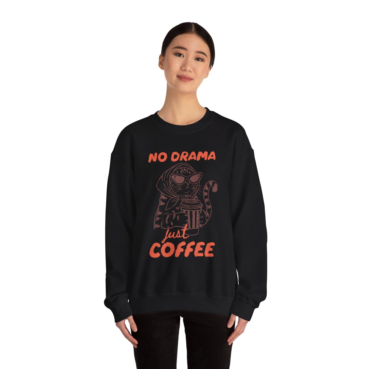 No Drama Just Coffee Sweatshirt — Cat Holding Coffee Vintage Graphic Crewneck
