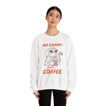 No Drama Just Coffee Sweatshirt — Cat Holding Coffee Vintage Graphic Crewneck
