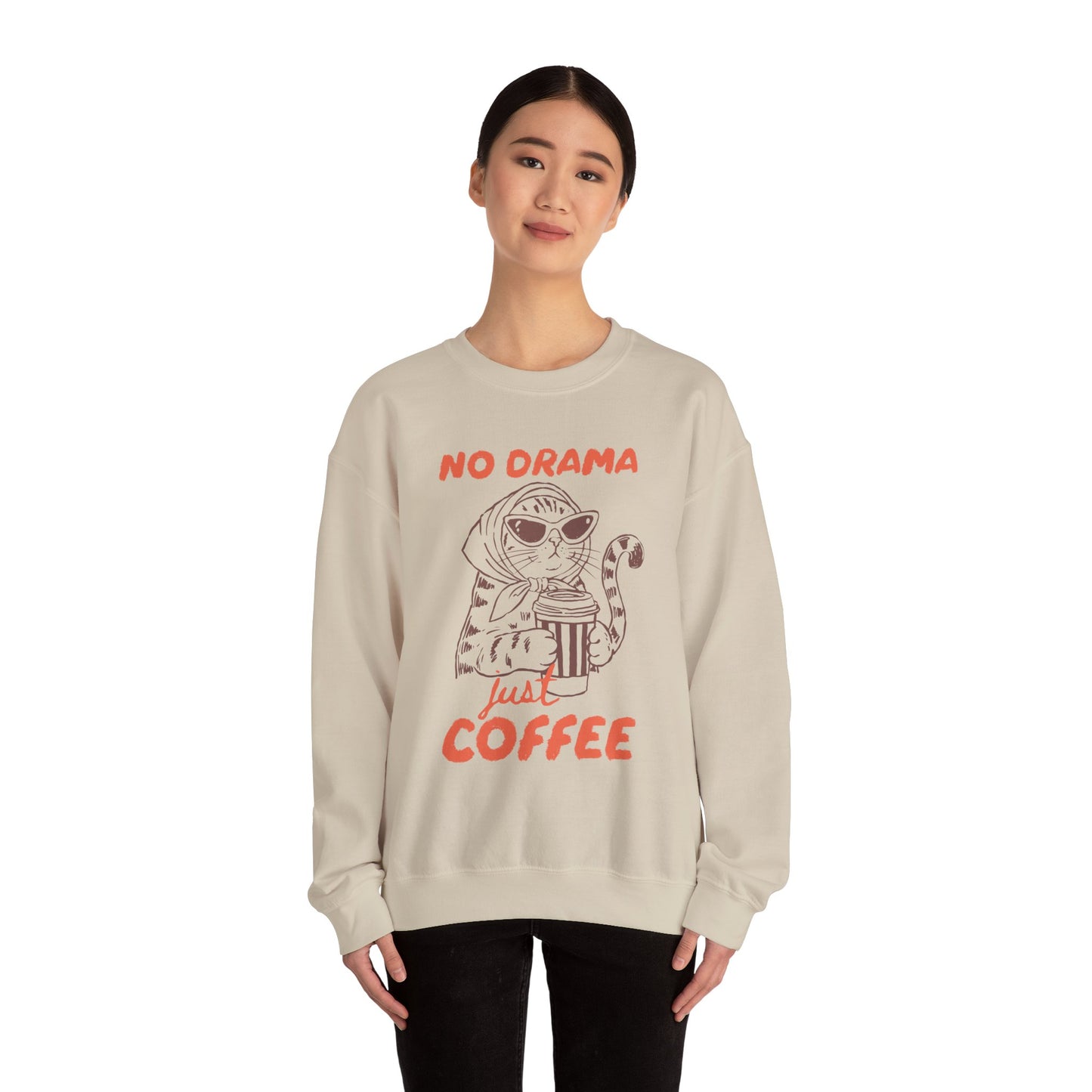 No Drama Just Coffee Sweatshirt — Cat Holding Coffee Vintage Graphic Crewneck