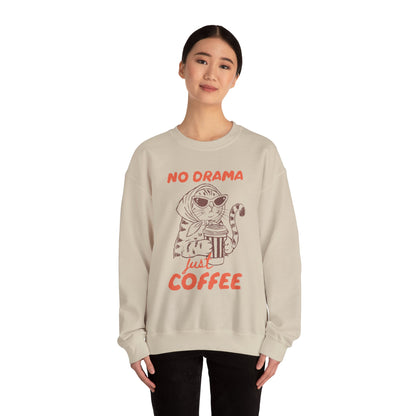 No Drama Just Coffee Sweatshirt — Cat Holding Coffee Vintage Graphic Crewneck