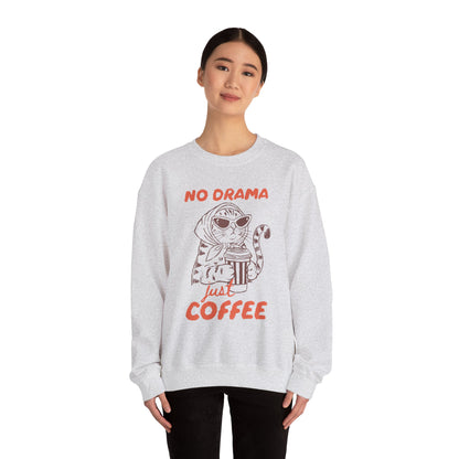 No Drama Just Coffee Sweatshirt — Cat Holding Coffee Vintage Graphic Crewneck