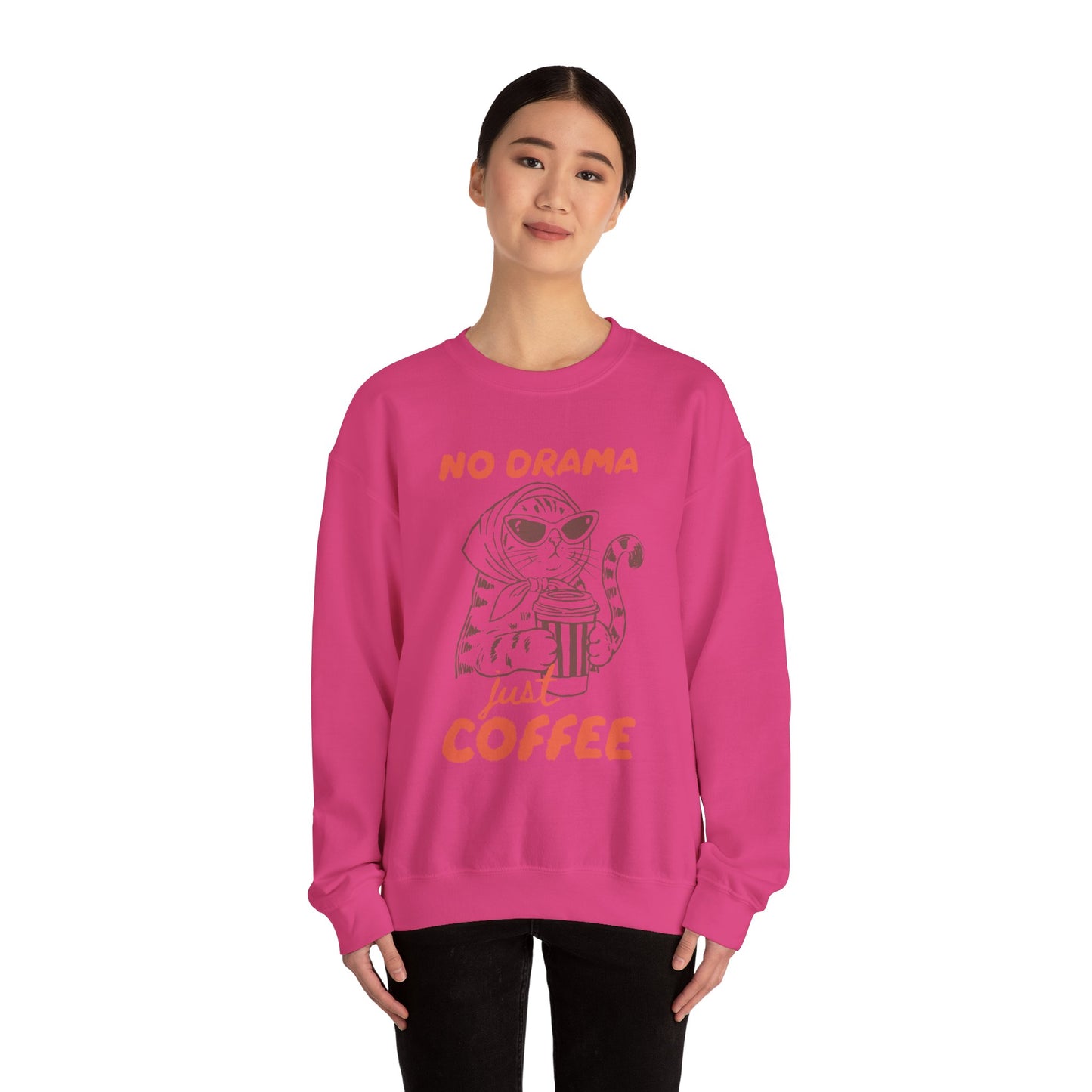 No Drama Just Coffee Sweatshirt — Cat Holding Coffee Vintage Graphic Crewneck